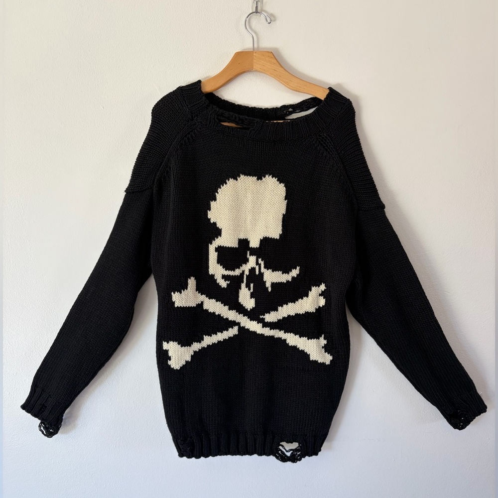 Mastermind World Black Distressed Knit Cotton‎ Skull Sweater Size Large